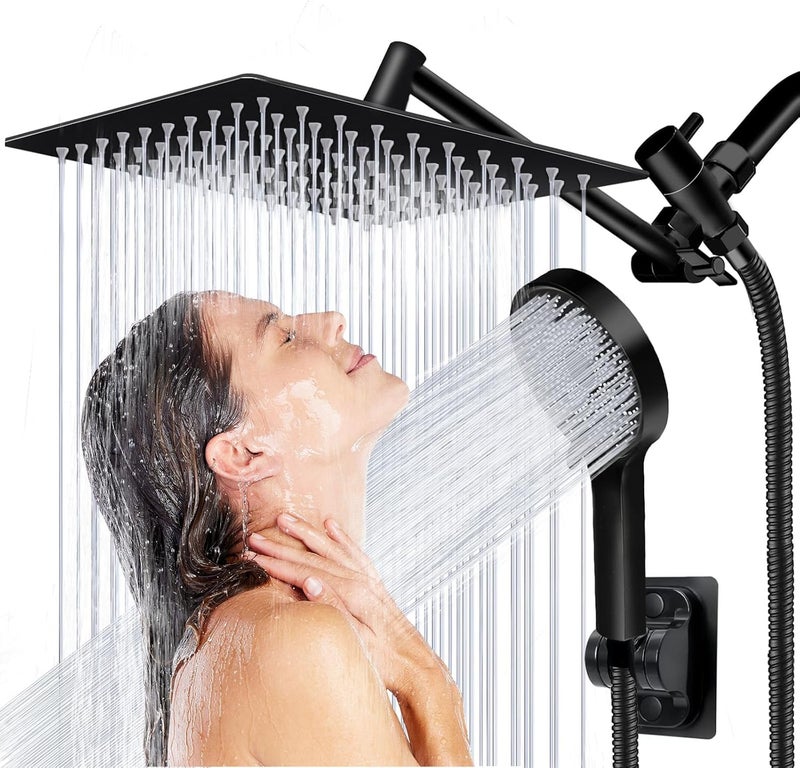 Yurnomy Shower Head, 8 inch Multifunction High Pressure Rain Shower Head with Handheld Spray Combo with 11'' Angle Adjustable Extension Arm/Flow Regulator/Shower System Matte Black - Image 1